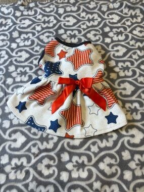 Patriotic Star Print Fleece Dress with Red Bow